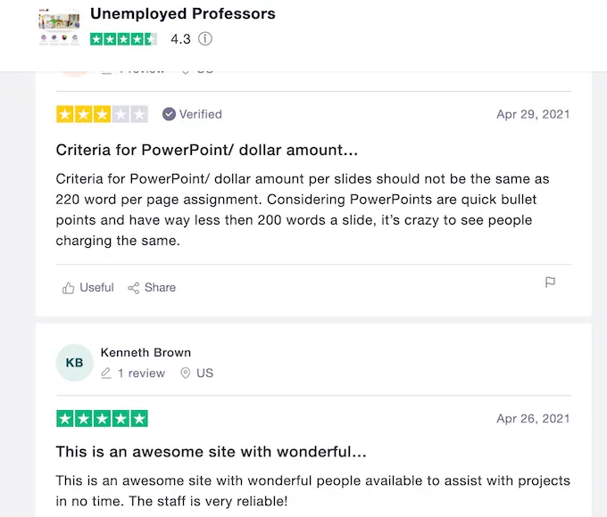 unemployedprofessors.com reviews on Trustpilot