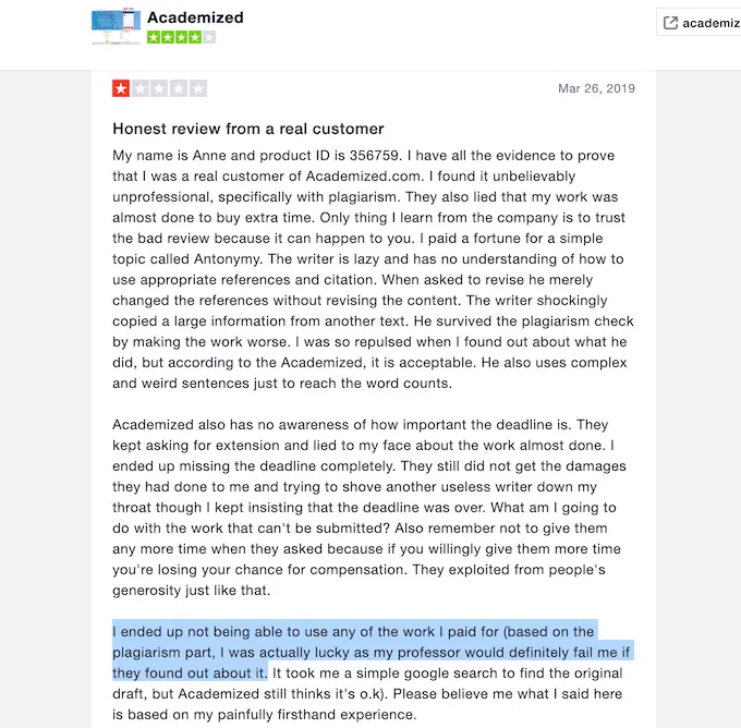 very detailed negative review about academized.com on trustpilot