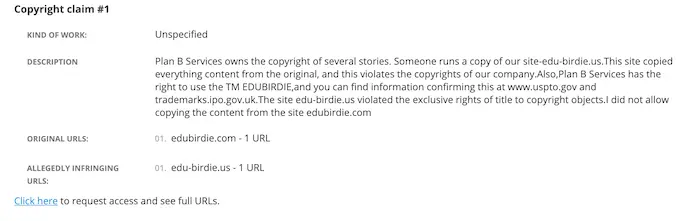 official edubirdie.com copyright claim against edu-birdie.us