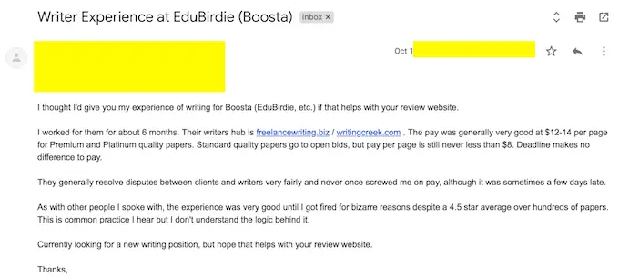 one of the former edubirdie.com writers gives a positive review