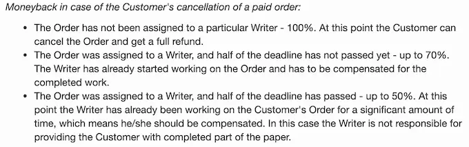 Money-back guarantee on cancelled orders is up to 100%